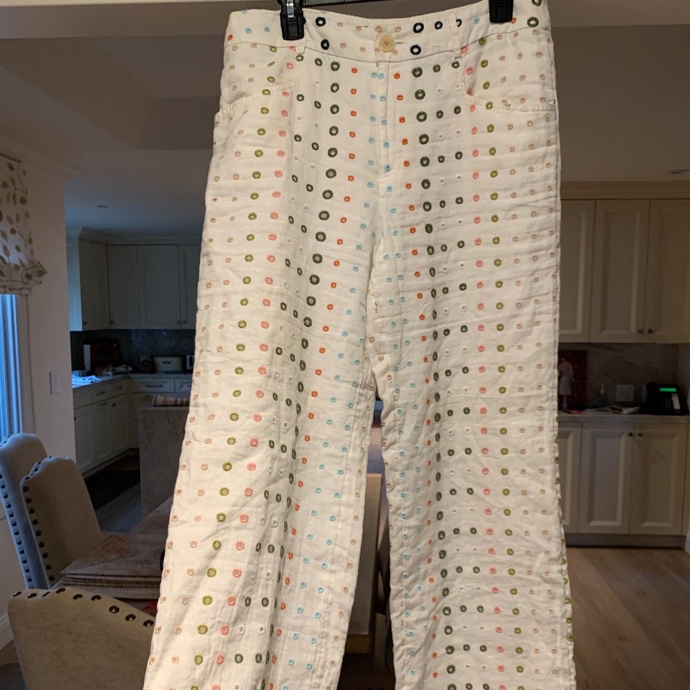 Anthropologie White Wide-Leg Eyelet Dot Pants